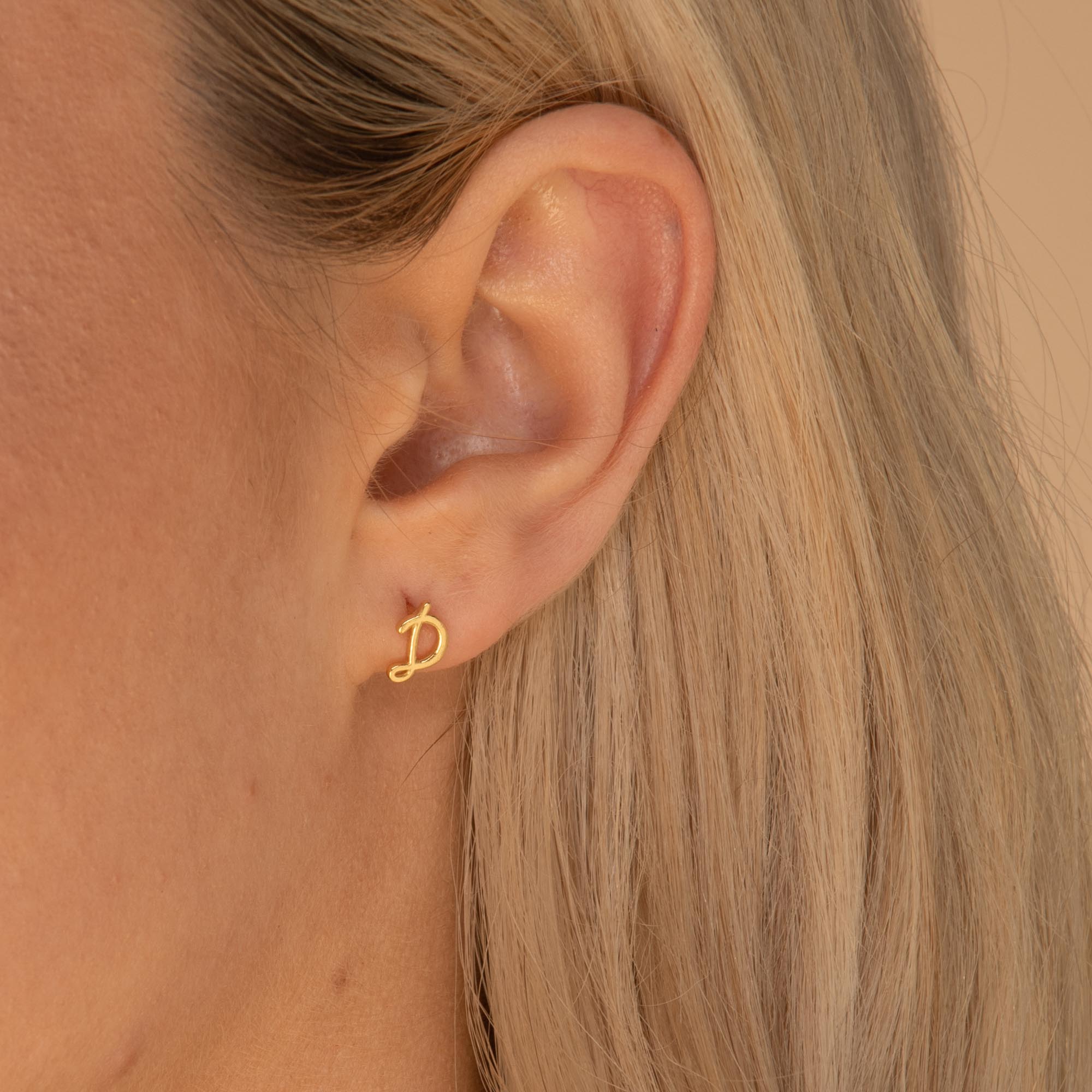 Script Initial Letter Stud Earrings Rose Gold